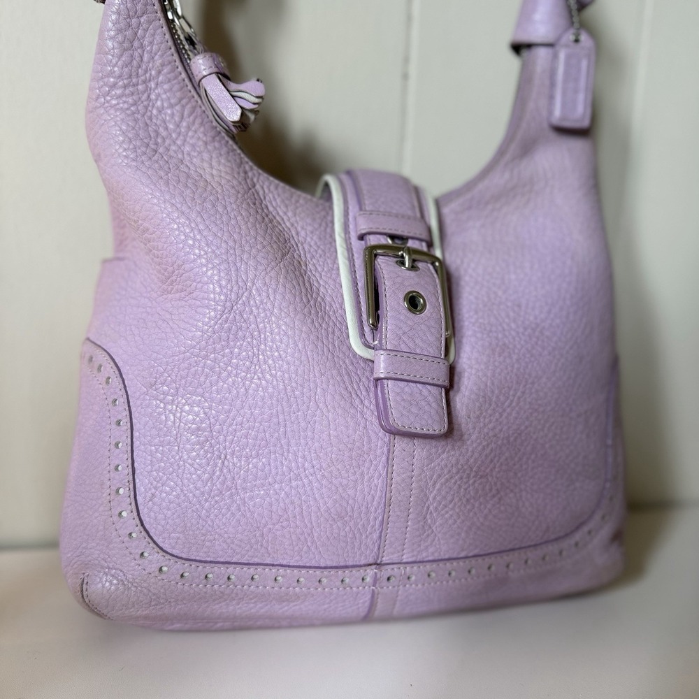 Coach Lilac Pebbled Shoulder Bag Buckle Accent Silver Hardware Designer Classic - Picture 2 of 14